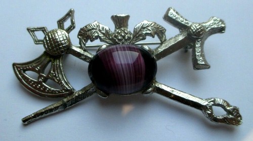 Grande Broche Vintage Couleur Argent Avec Cristaux, Citrine Et Améthyste - Très Bon état - Réf. 5640