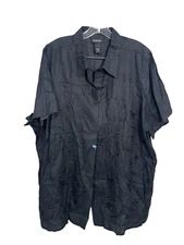 Avenue Black Button Down linen blend short sleeve plus top 22/24 Embroidered