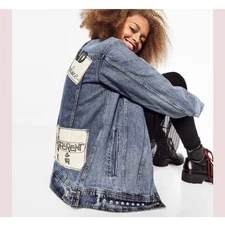 Zara Rare Denim Jean Jacket Size Small Oversized  Studded Trucker Positive Patch