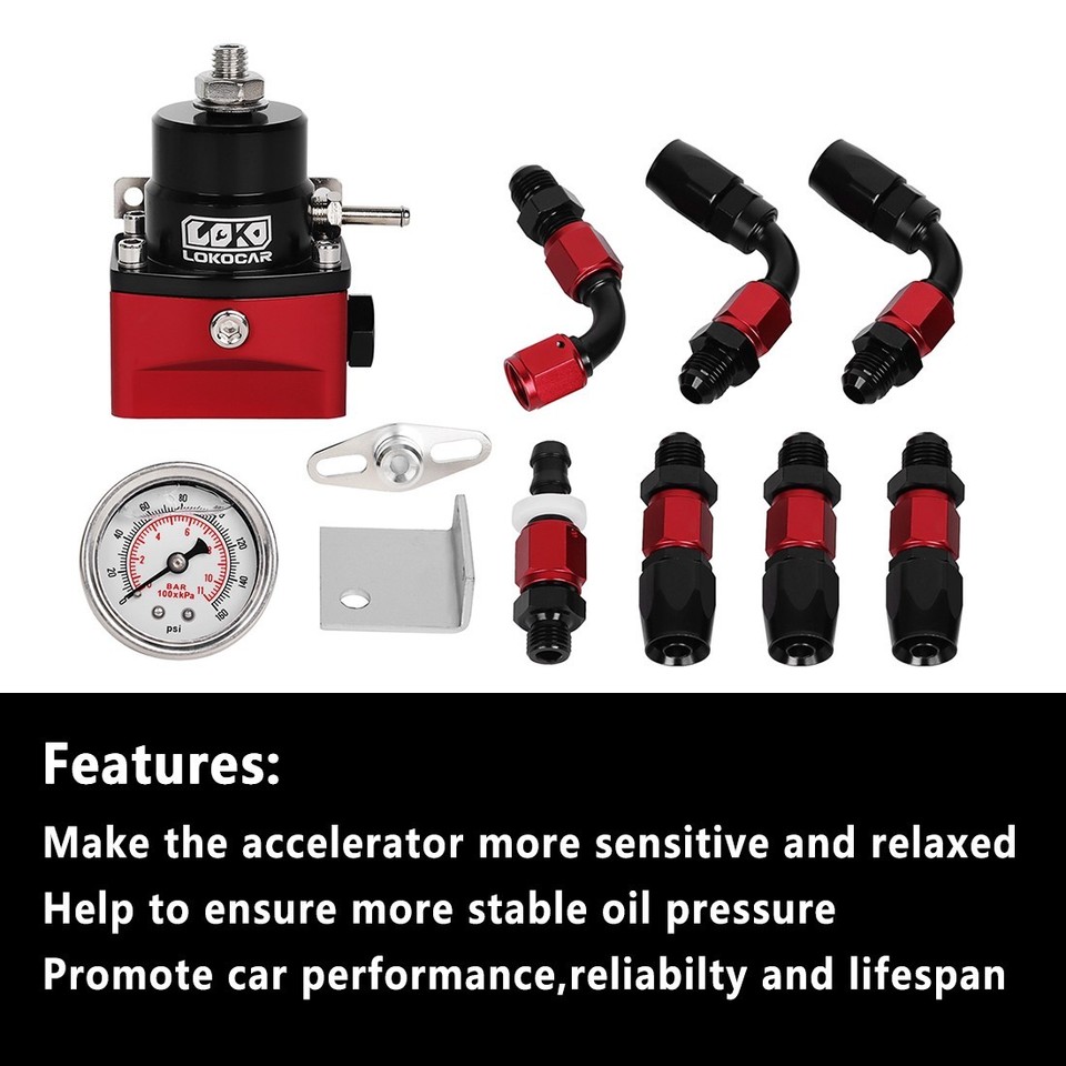 LokoCar Adjustable Fuel Pressure Regulator Kit Oil 0-100psi Gauge -6AN ...