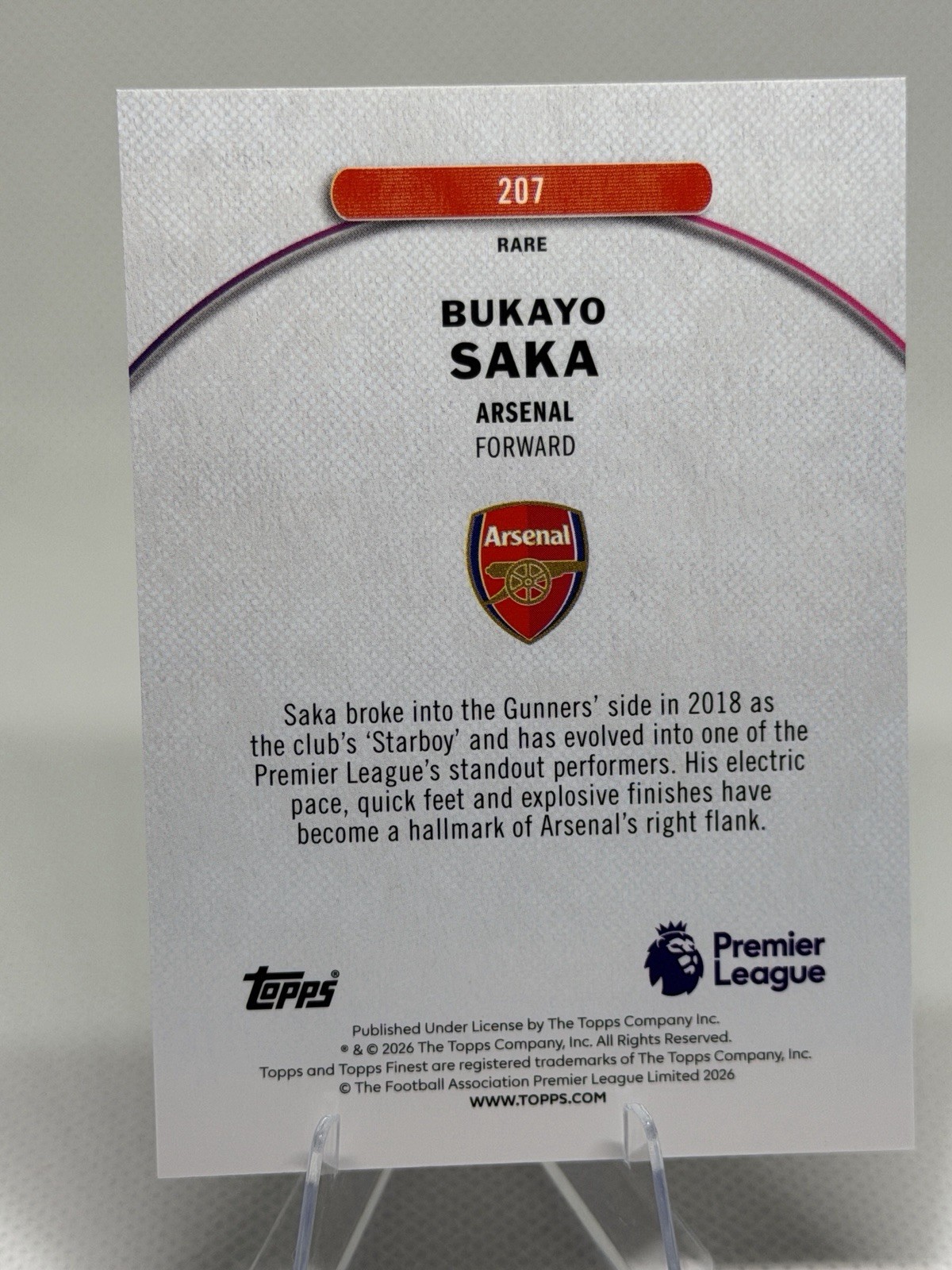 Bukayo Saka Topps Finest 2025-26 Premier League Arsenal #207 Rare view 2