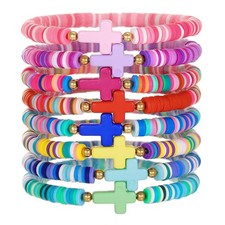 RINTOLER Heishi Surfer Clay Bead Bracelets Set for adjustable, COLORFUL CROSS