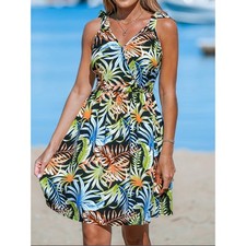 Cupshe Tropical Leaf Surplice Mini Dress colorful botanical print, side zip, XL