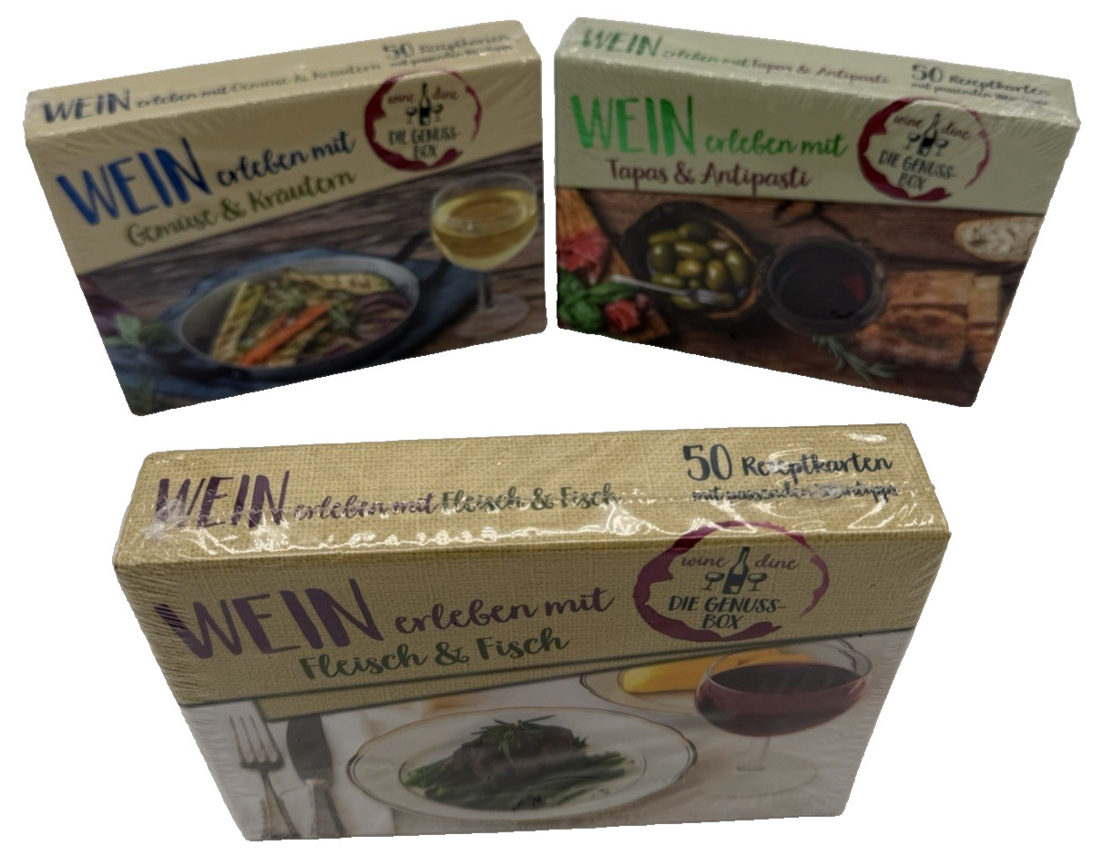 Wein erleben Genuss Box Konvolut 3x50 Rezeptkarten Fisch Tapas Antipasti Kräuter