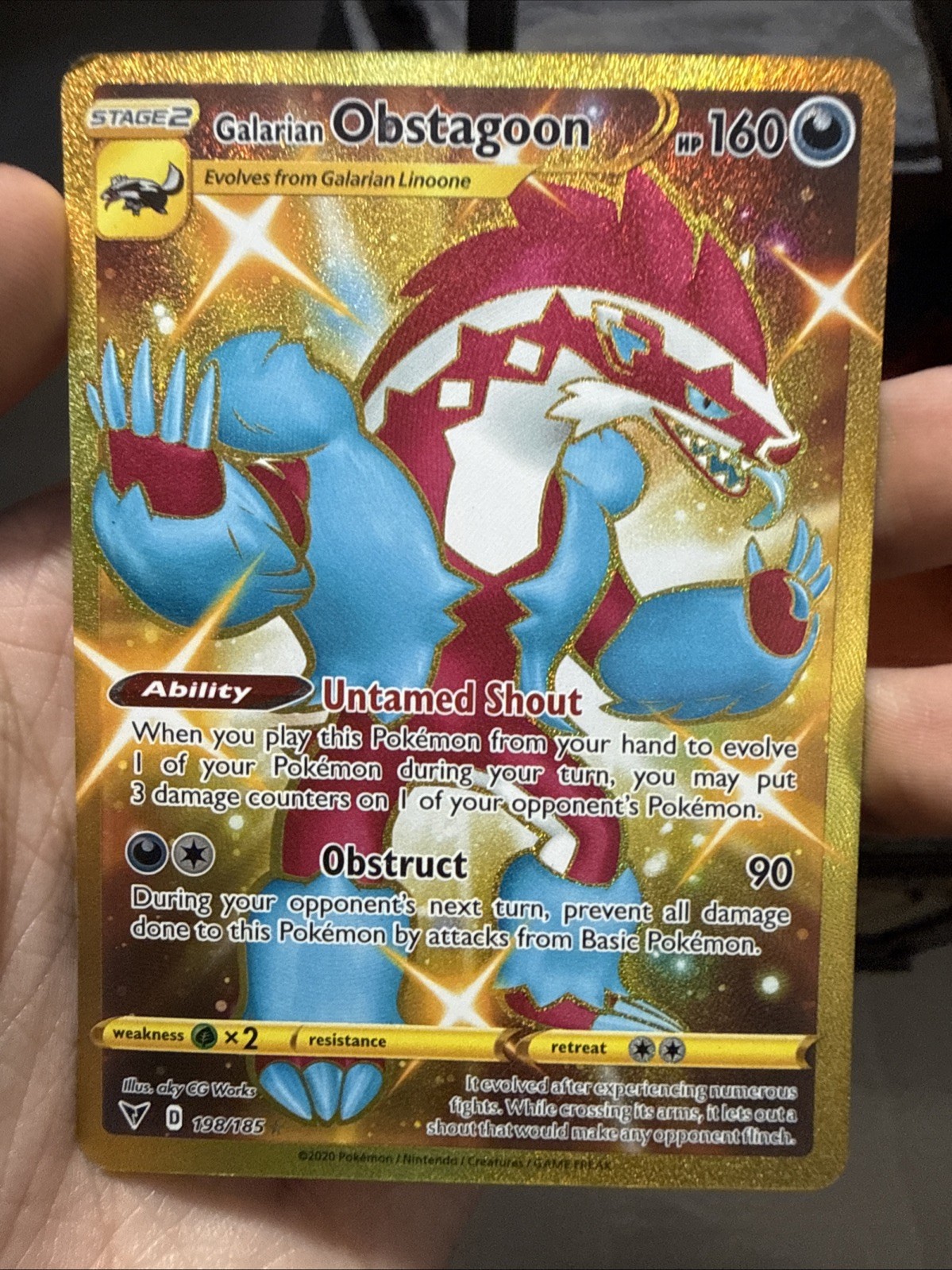 2020 Pokemon Galarian Obstagoon 198/185 Vivid Voltage Gold Secret Rare NM