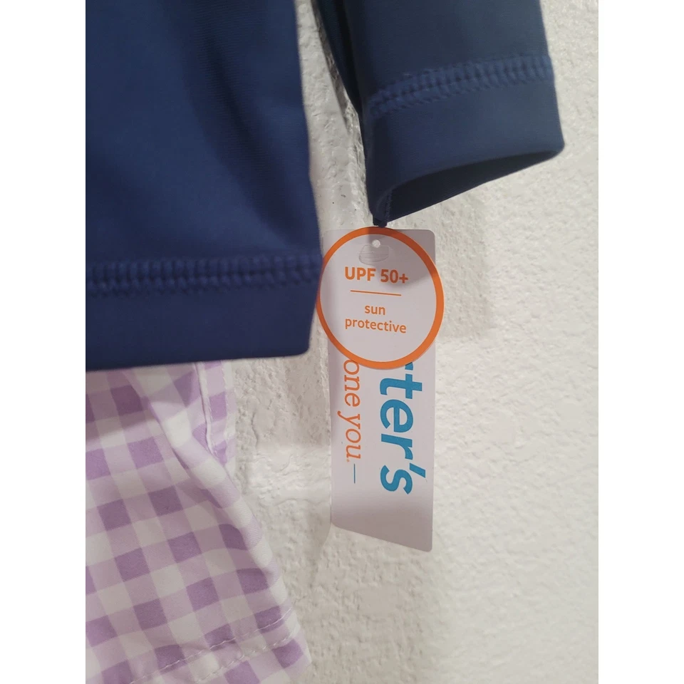 Carters 9M Baby Boy Swimsuit Rash Guard Long Sleeve Lavender Gingham Shorts #2 - Image 2 of 4