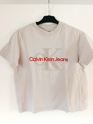 Calvin Klein Jeans Damen T-Shirt Beige Logo Kurzarm Rundhals Größe S