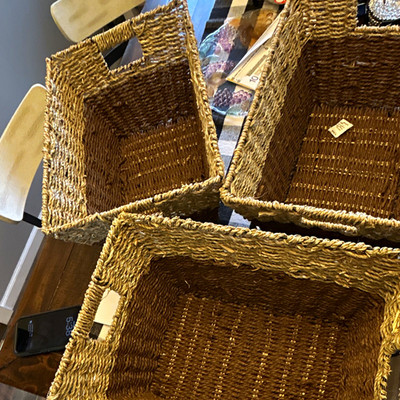 Set of 3 Wicker Woven Rectangular Storage Baskets w/ Handles Brown 16x13x10