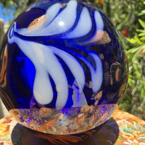 Vntg Murano Art Glass Vase Cobalt Blue Orange MidCentury Modern Heavy 7lb Sphere - Picture 4 of 19
