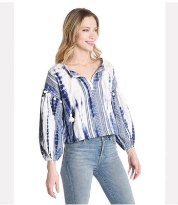 $268 Saylor Dorothea Top  Boho Crop Tie Dye Tie V Blue White M Pom Pom Puff NEW
