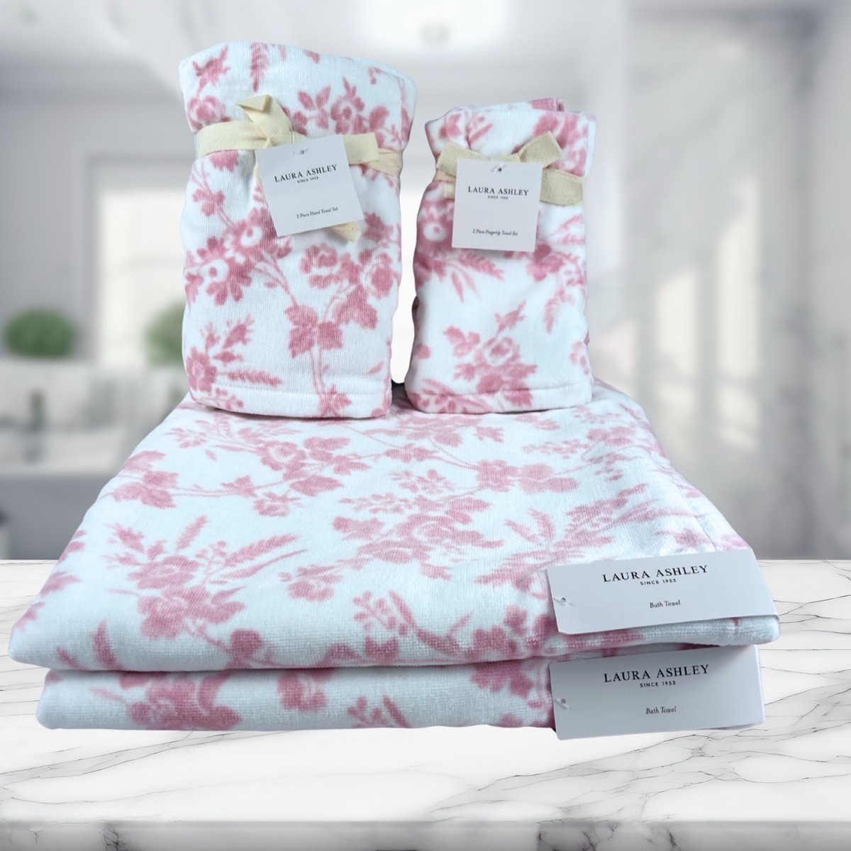 LAURA ASHLEY ピンク タオルケット Laura Ashley 6 pc Pink Toile Floral Velour Bath Hand Tip Towels