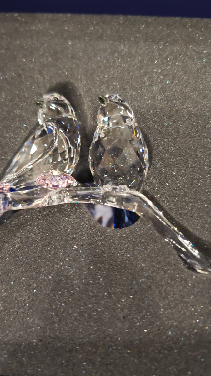 Swarovski Crystal Blue Tits Love Birds Couple on Pink Flower