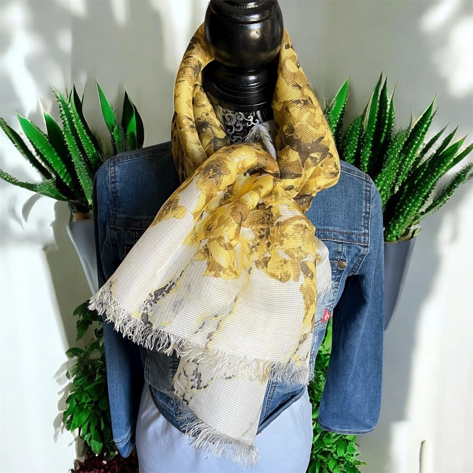 Large mustard yellow Floral scarf Shawl Wrap Lightweight Silk 46.5" square