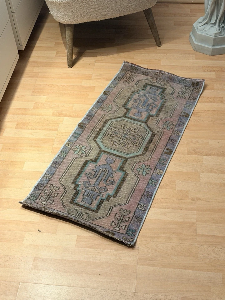 Alfombra de lana hecha a mano turca pequeña corredor alfombra felpudo alfombra rústica granja Foto 2 de 4