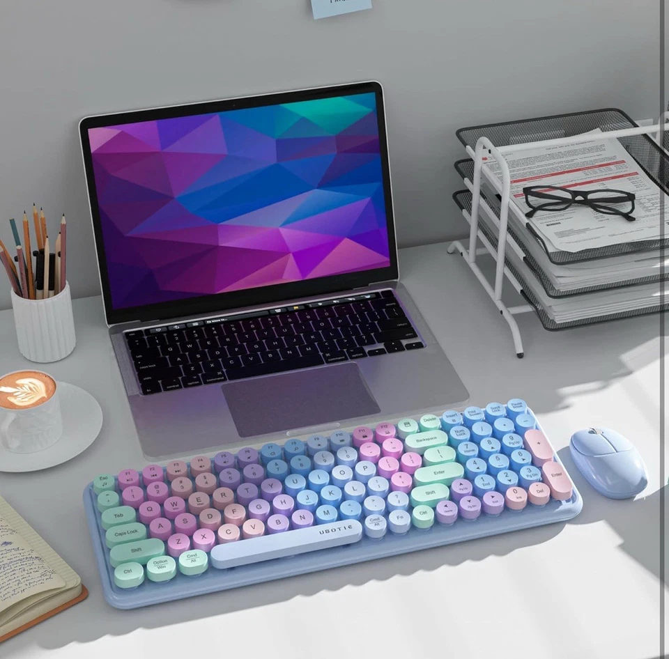 Wireless Keyboard With Mouse Gradient Rainbow Colored Retro Typewriter - Image 3 of 4