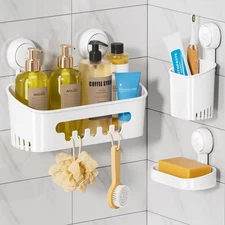 LEVERLOC Shower Caddy Suction Cup Set Bathroom Accessories Set, White 