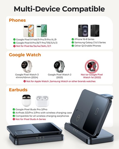 Wireless Charger for Pixel Watch 3/2 Foldable 3 in 1 Wireless Charging Statio... - Picture 2 of 8