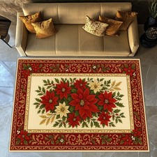 Merry Christmas Rug, Red Christmas Rug,Christmas Decoration, Poinsettia Rug,Xmas