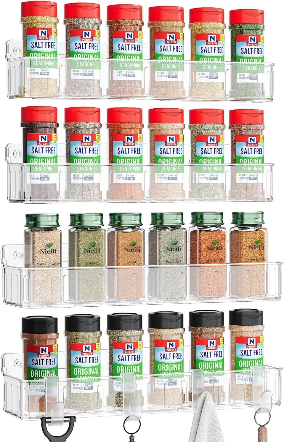 Spice Rack Wall Mount, 4 Pack, Clear, Screw or Adhesive Installation, Spice Rack