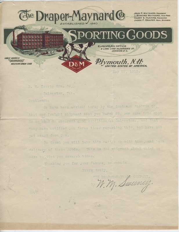 GRAPHIC COLOR 1913 LETTERHEAD, PLYMOUTH NEW HAMPSHIRE, DRAPER MAYNARD SPORTING
