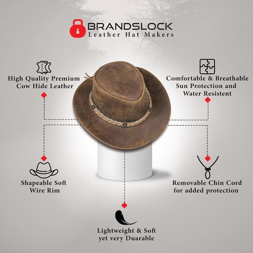 Western Cowboy Hat Men Real Leather Australian Style Tan Crazy Horse Bush Hats - Picture 8 of 95