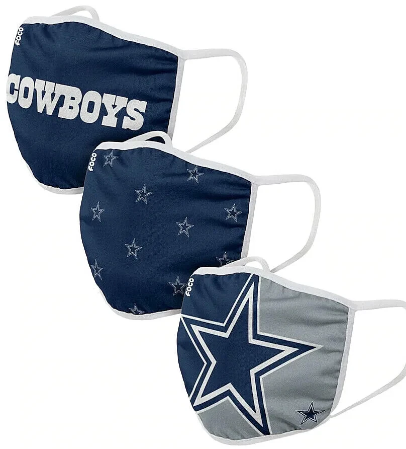 Маска для лица с логотипом Dallas Cowboys 2 слоя NFL футбол новая унисекс для взрослых мужчин упаковка 3 шт. - Изображение 2 из 4