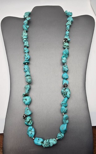 VTG Lucky Brand Turquoise Howlite Bead Necklace 26" Silver Tone Floral Accents