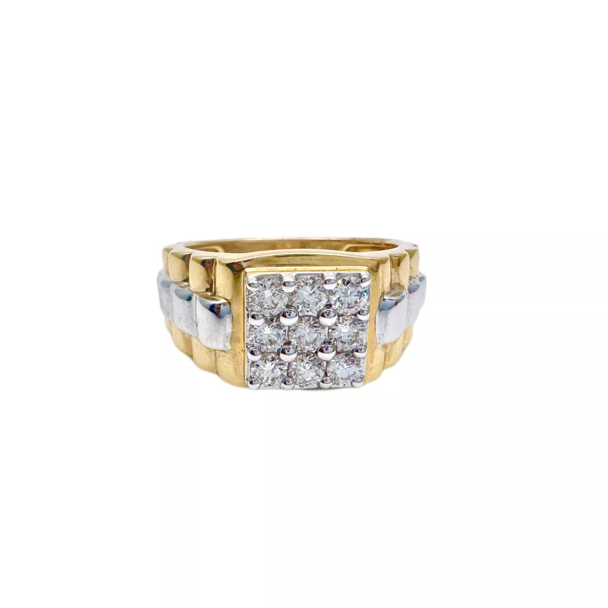 18K Yellow Gold 9 Stone Fancy Mens ring with Round Diamond 0.81cts G SI