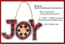 Joy Red Buffalo Plaid Check Wood Ornament / Sign 6" Jute Burlap Rustic Farmhouse