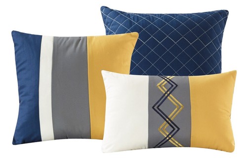 7-Piece Gray Navy Yellow Pleated Stripe Zigzag Chevron Embroidered Comforter Set - Picture 5 of 6
