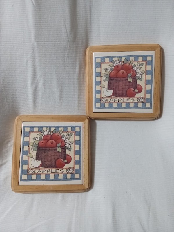 (2)  7-1/2" x 7-1/2" Apple Trivets Wood and Ceramic With Ring To Hang