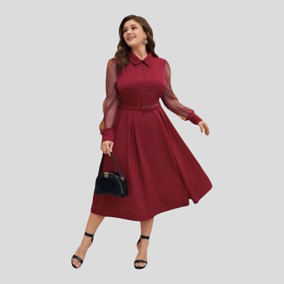 Red Long Sleeve Skater Dress A Line Fit Flare Collar Pleated Belt
