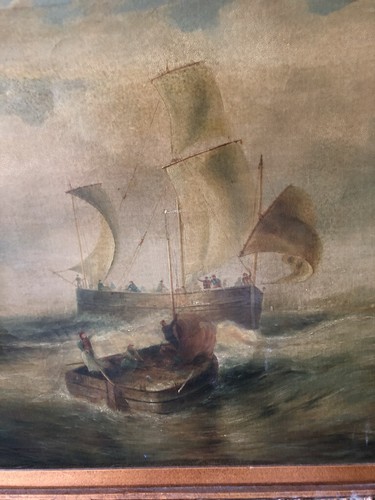 Antique master oil painting. Very old ship rescue. Huge 51 x 40 - Picture 5 of 9