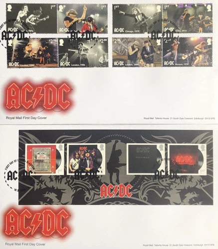 GB 2025 AC/DC First Day Covers Stamp Set+Mini Sheet Glasgow pmk, issue 18/02/25
