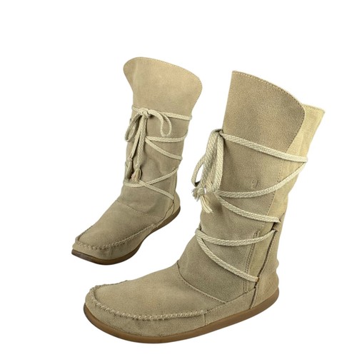 Sanuk Women's Sangria Slouch Moccasin Boots Size 8 Beige Suede Leather Lace Tie