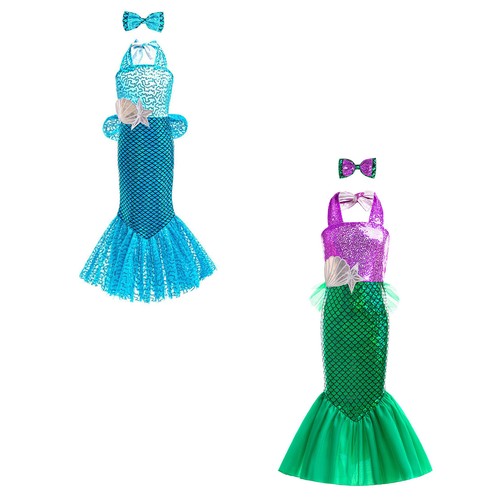 Kids Mermaid Ruffle Peplum Dress Fashion Beachwear Tail With Hair Clip Sequins - Picture 1 of 39