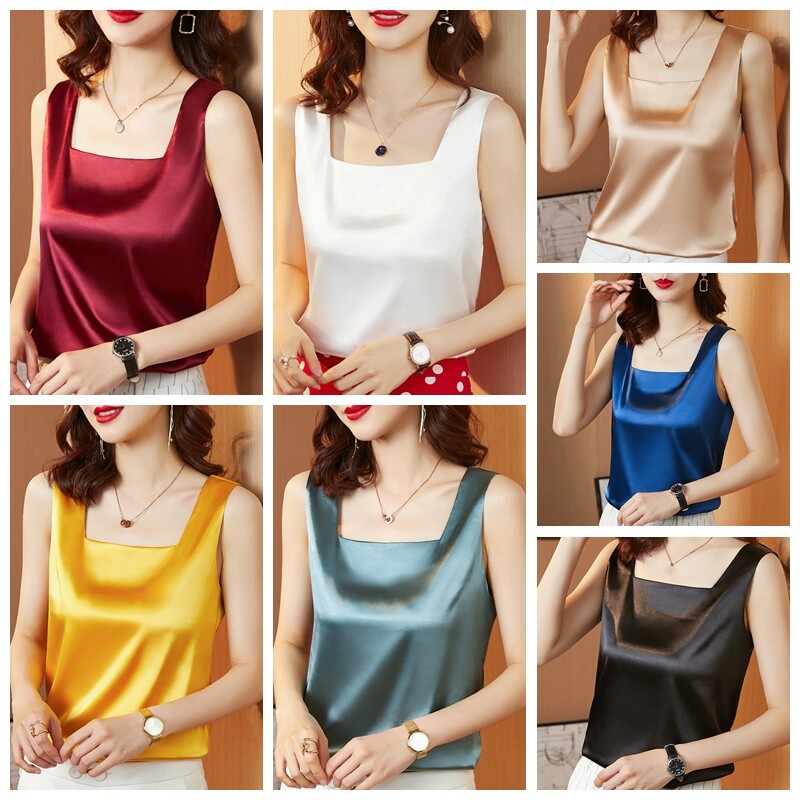 Faux Silk Satin Women Vest Sleeveless Shirt Tank Tops Tee Basic Square Neck