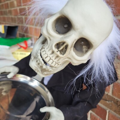 Spooky Village Animated Halloween 3' Skeleton Butler Bobble Head Candy Tray