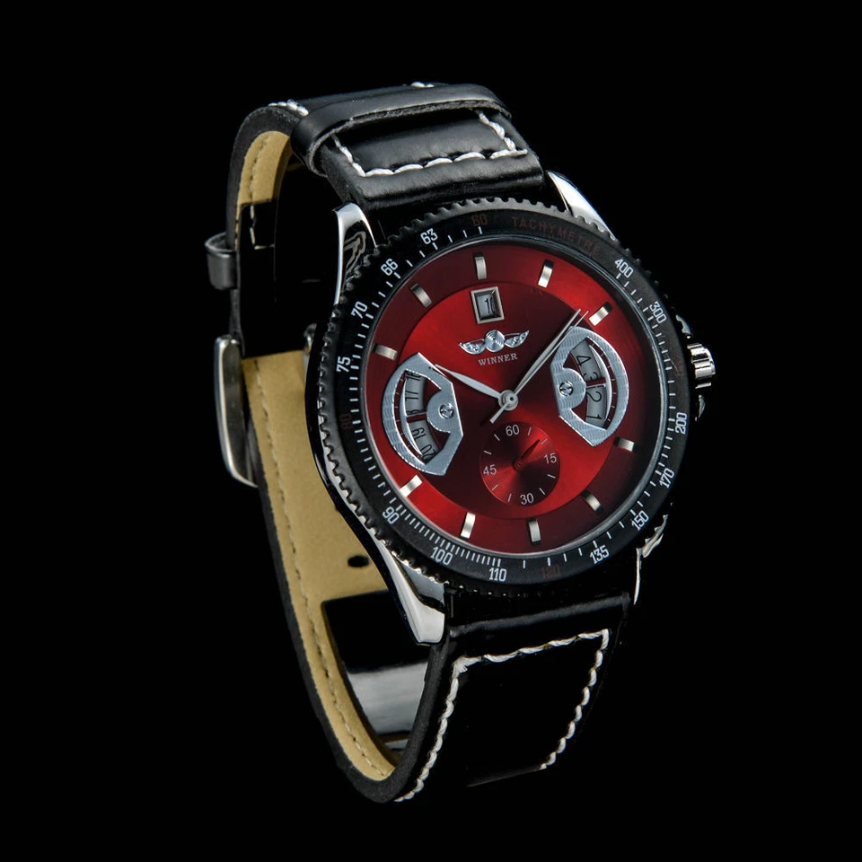 Nuevo reloj pulsera mecánico automático del ejército 2025 deportivo rojo cuero negro fecha para hombre Foto 3 de 4