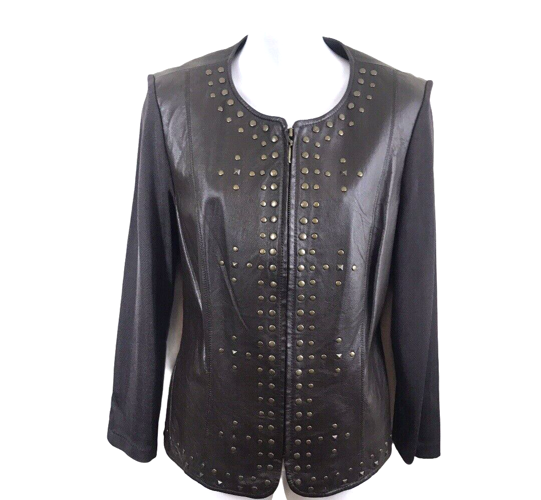 Brown Retro Mob Biker Jacket with Studs & Knit Sleeves - Size M-image