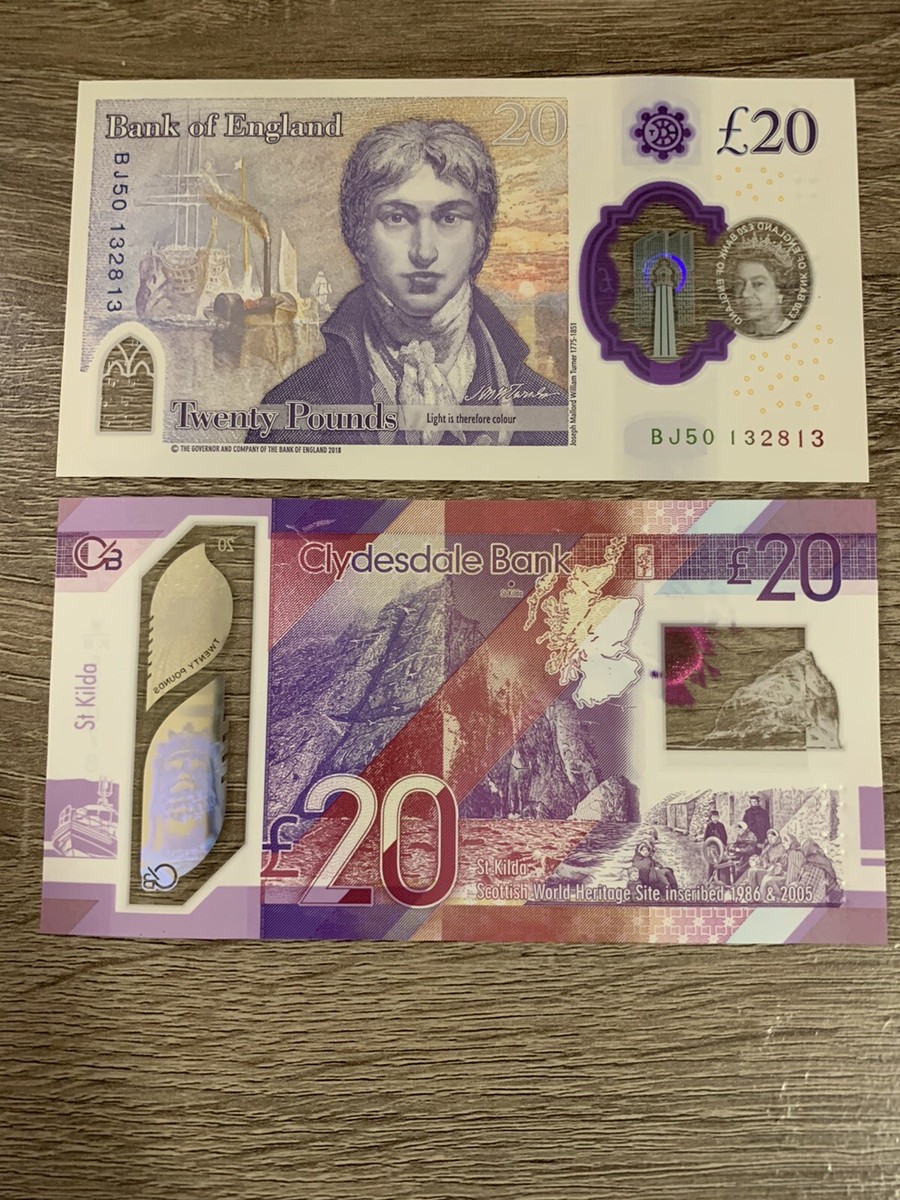イギリスポンド40枚 Great Britain 20 + 20 Scottish pound, 2 Unc Banknotes. 40