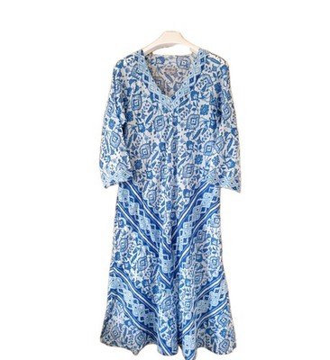 Blue HANDPRINT DREAM APPAREL Blue Cotton Bias Cut Maxi Dress Indian Kaftan m l
