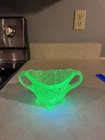 VINTAGE GREEN DEPRESSION URANIUM GLASS AVOCADO PATTERN OPEN SUGAR BOWL