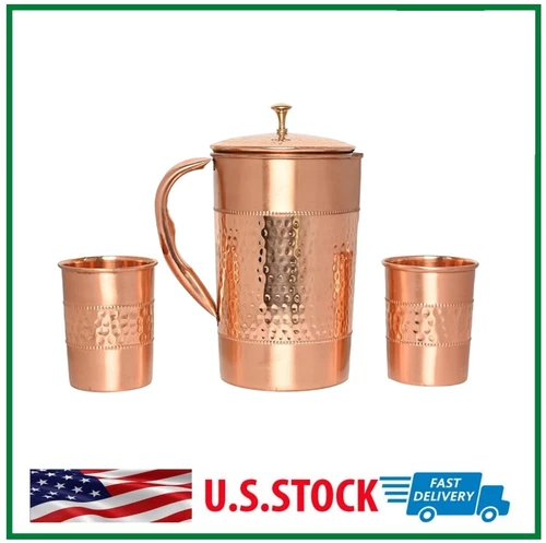 Pure Copper Hammered Water Jug with 2 Hammered Tumblers |Copper Pitcher Tumblers