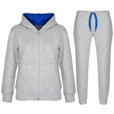 Kids Plain Tracksuit Grey  Blue Contrast Hoodie with Jogger Activewear Set