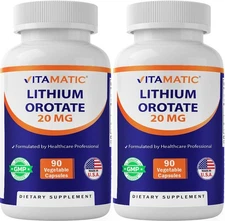 Vitamatic Lithium Orotate 20mg, 90 Capsules - Veggie Caps, 2 Pack