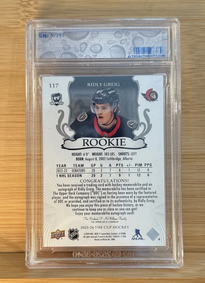 2023 UPPER DECK THE CUP #117 RIDLY GREIG ROOKIE PATCH AUTO /249 - Image 2 of 2