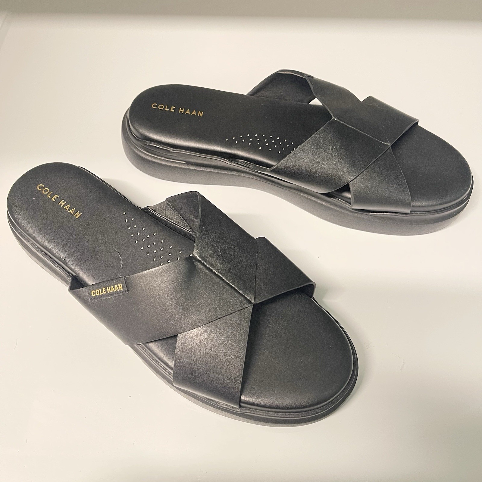 COLE HAAN W23360 Black Grandpro Rally Women Slide Flats Leather Sandals Size 11B