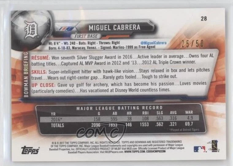2017 Bowman Gold /50 Miguel Cabrera #28 - Image 2 of 2