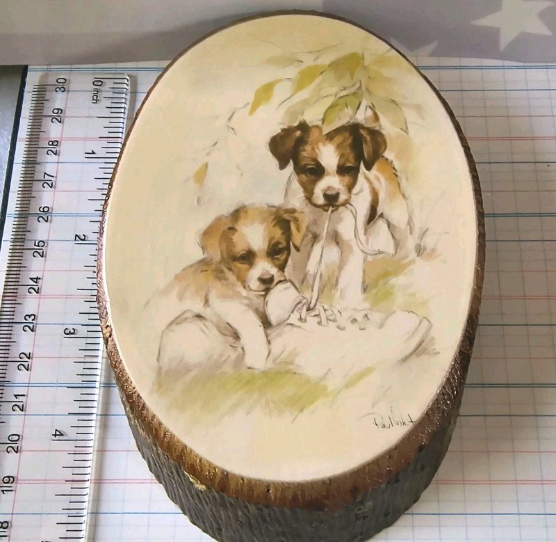 5" Jack Russell🐕2 Puppies with Shoe By PAUL WHITNEY HUNTER Natural Wood Hanging